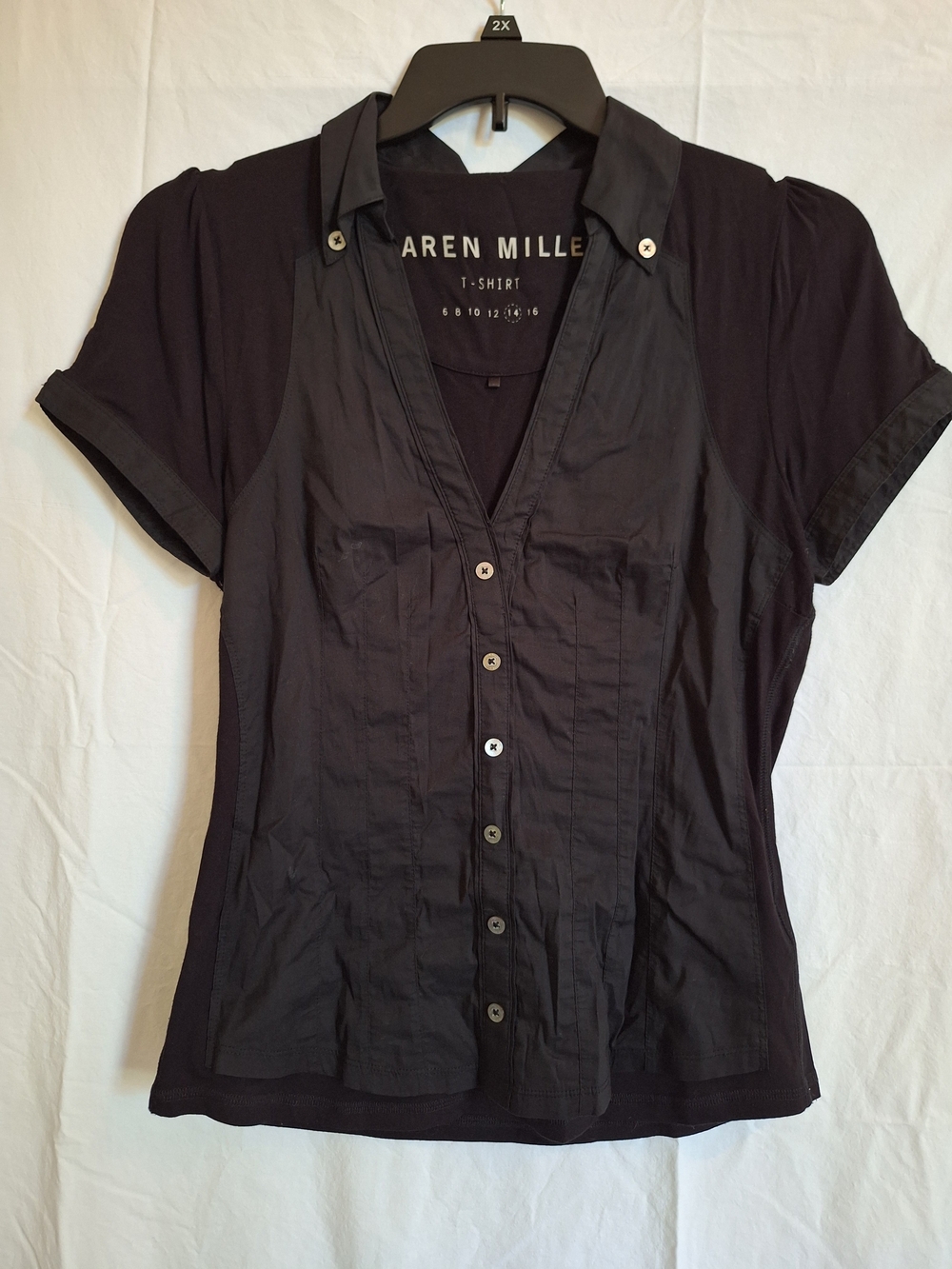 Karen Millen Womens Black Faux Vest Front T-shirt Sz 14 Pullover Short Sleeve